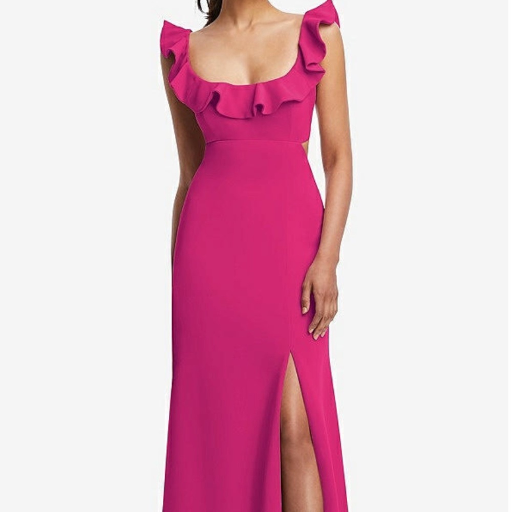 Dessy 3125 - Ruffle-Trimmed Neckline Cutout Tie-Back Trumpet Gown in Think Pink